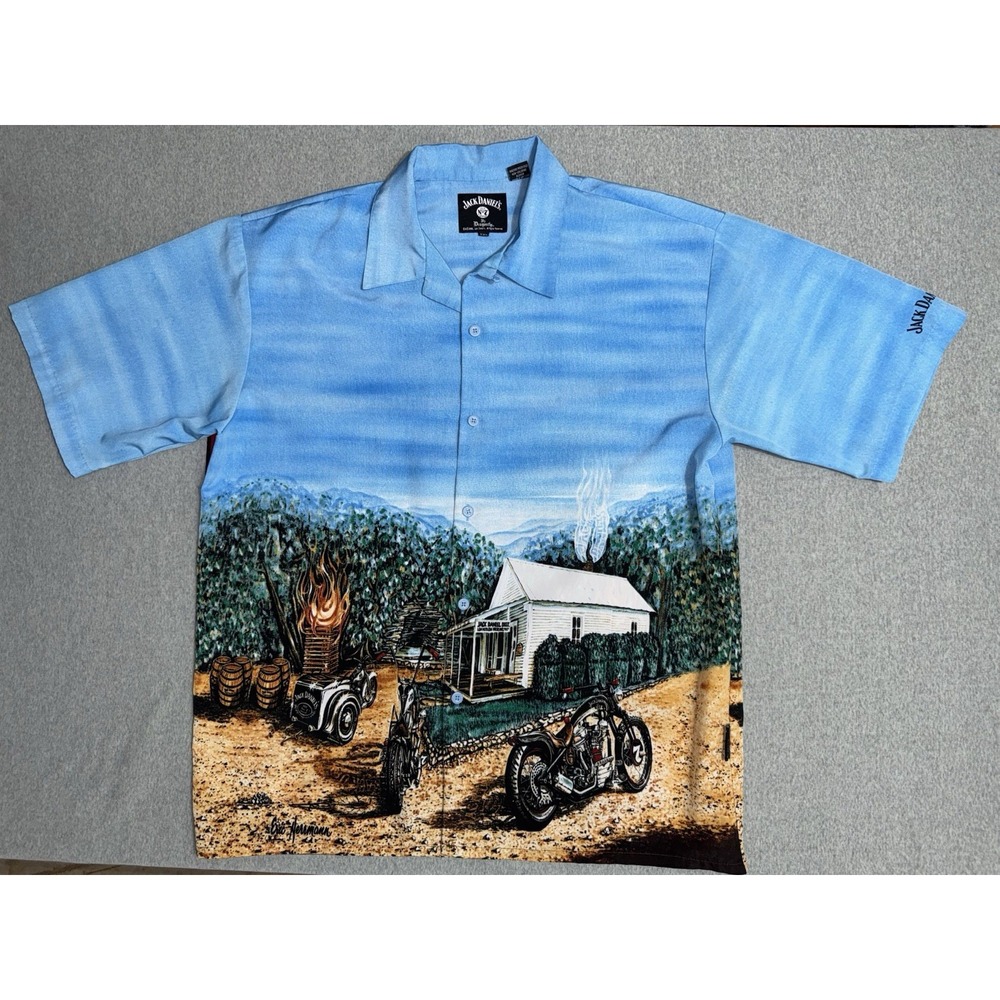Jack Daniels Eric Herrmann Hawaiian Style Motorcycle Scene Shirt Sz 2XL